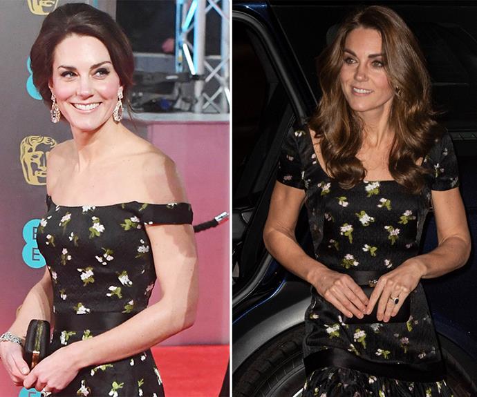 Kate re-worked her gorgeous 2017 BAFTAs gown, by changing up the sleeves, and we love it! *(Images: Getty)*