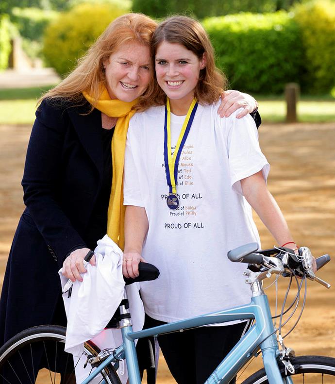 Eugenie was all smiles after completing the [Nightrider 64 mile charity bike ride in 2012](https://www.hellomagazine.com/royalty/201206118287/eugenie-cycle-charity-sarah-ferguson/|target="_blank"). Cycling over 100km, the circuit passed more than 50 of London's most famous landmarks. The princess raised £9,000 (NZD $17,150) for the Royal National Orthopaedic Hospital. *(Image: Getty)*