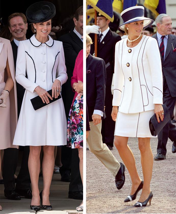 Kate's outfit on Monday had a striking resemblance to an outfit worn by the late Princess Diana in 1995. *(Images: Getty)*