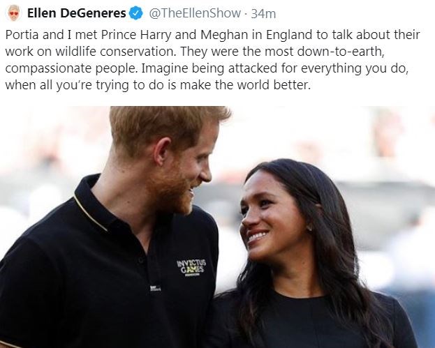The US talk show host spoken out in defence of Meghan and Harry in August. *(Image: Twitter/@TheEllenShow)*