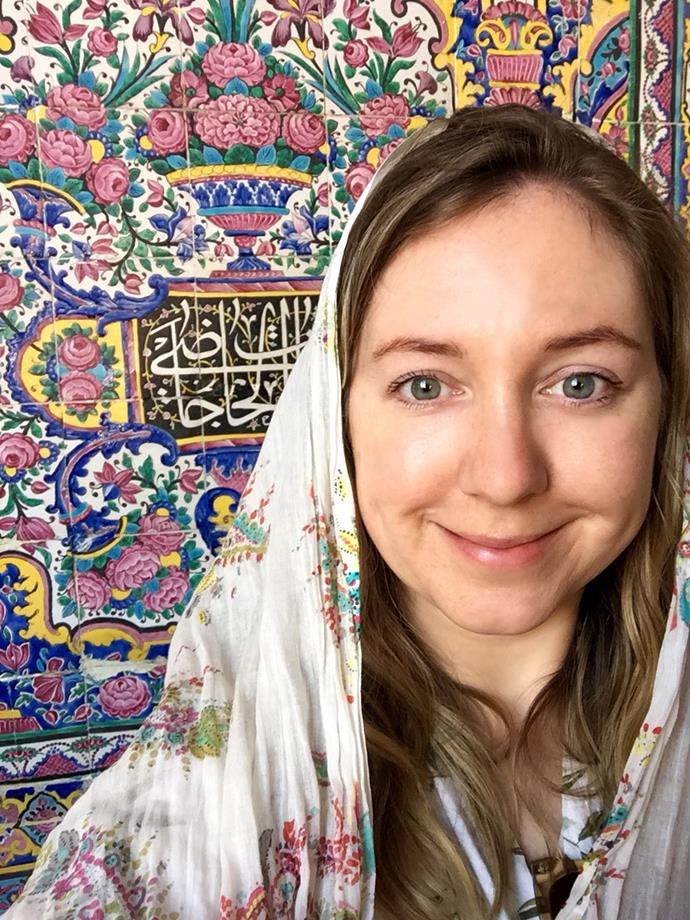 Emma at the Pink Mosque in Shiraz, with its pretty, pink-hued tiles.