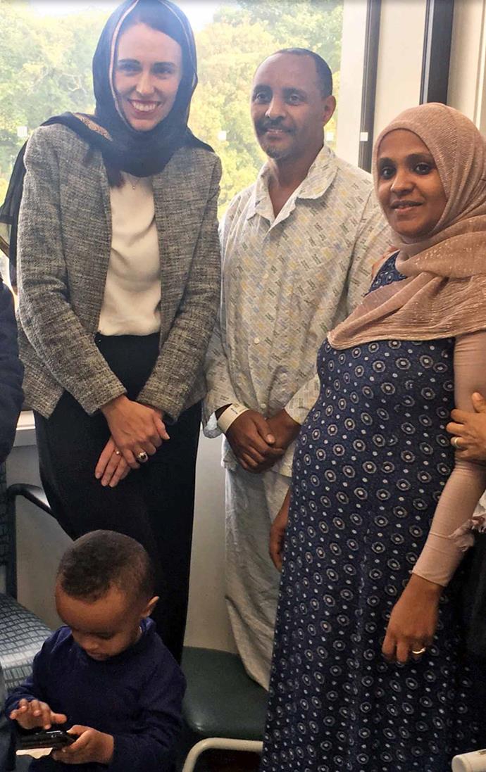 Prime Minister Jacinda Ardern visits the couple at Christchurch Hospital two weeks after the attack.