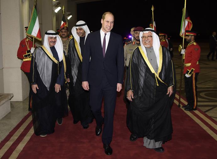Prince William is welcomed to Kuwait by Kuwait's Minister of the Amiri Diwan (Royal Palace) Affairs. *(Image: Getty)*