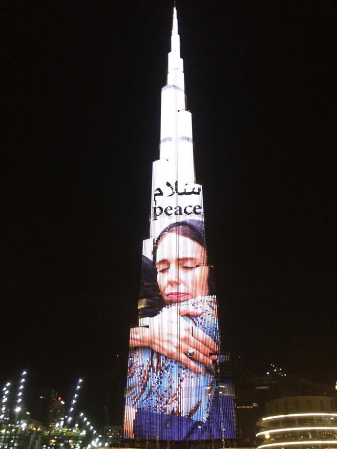 Jacinda's image projected onto Dubai's Burj Khalifa.