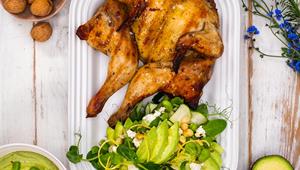 Barbecued butterflied chicken with avocado salad