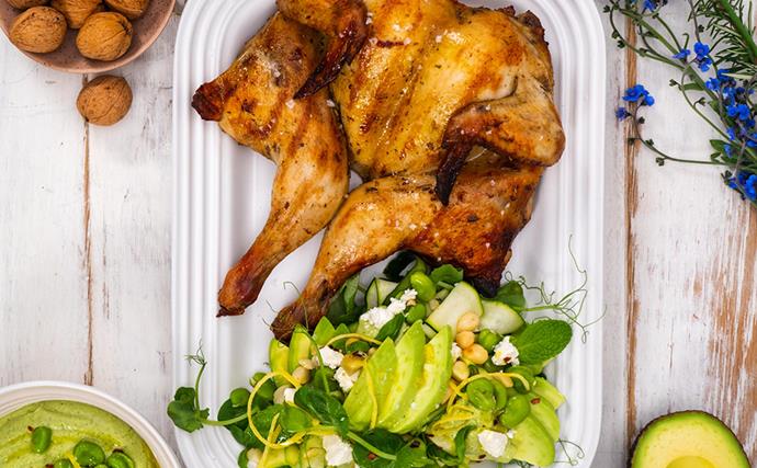 Barbecued butterflied chicken with avocado salad