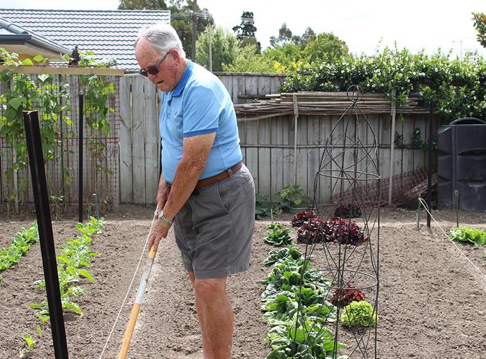 Long-time gardener and resident, Jim, working in the garden at Summerset in the Vines