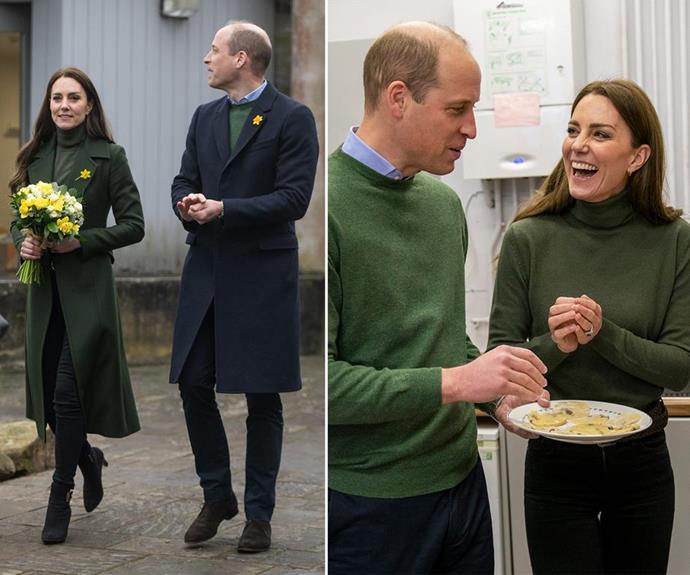 Catherine, Duchess of Cambridge coordinated her forest green coat and sweater with Prince William's outfit.