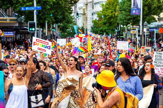 Shaneel leads the way at the Auckland Pride March in 2021.