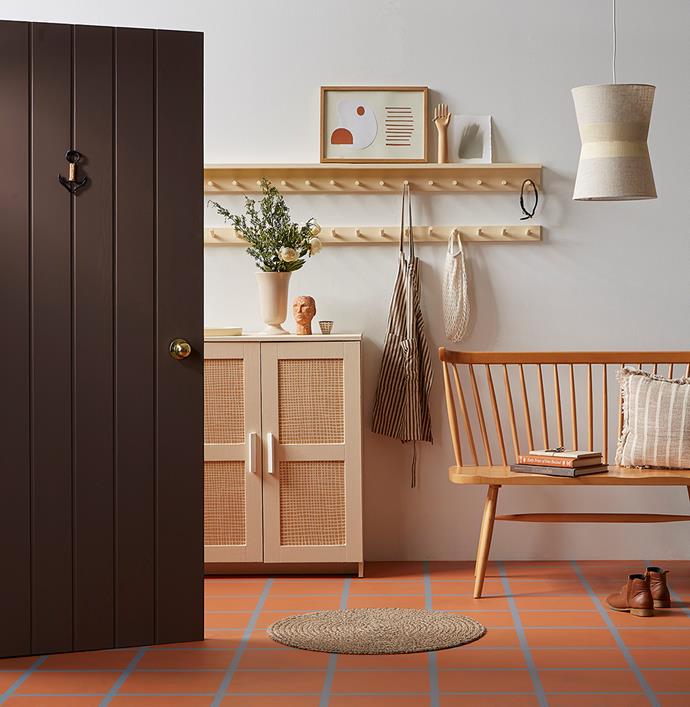 The brown-orange of terracotta gives it a versatility so easy to pair with other colours. Wall in [Resene Eighth Pearl Lusta](https://shop.resene.co.nz/testpots/l/resene-colour-id:926?colour=Eighth%20Pearl%20Lusta|target="_blank"), 'tile' floor in [Resene Tuscany](https://shop.resene.co.nz/testpots/l/resene-colour-id:3034?colour=Tuscany|target="_blank") with grout in [Resene Raven](https://shop.resene.co.nz/testpots/l/resene-colour-id:2358?colour=Raven|target="_blank"), door in [Resene Felix](https://shop.resene.co.nz/testpots/l/resene-colour-id:1012?colour=Felix|target="_blank").