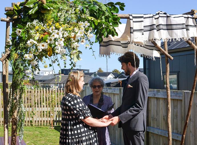 Maxine and Ben tying the knot at his parents' place in Taupō.