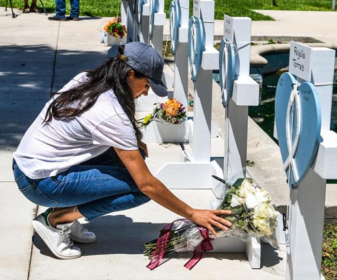 The Duchess of Sussex placed flowers at a memorial in front of the Uvalde County Courthouse. *(Image: Getty)*