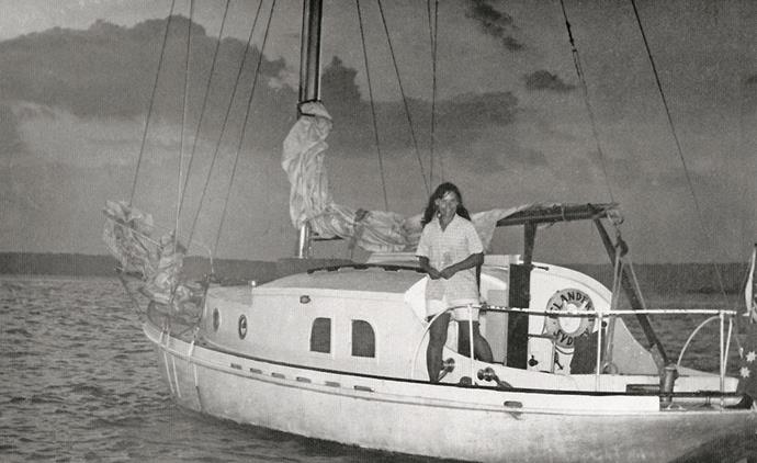 Onboard her sloop the Islander in the South China Sea in 1971