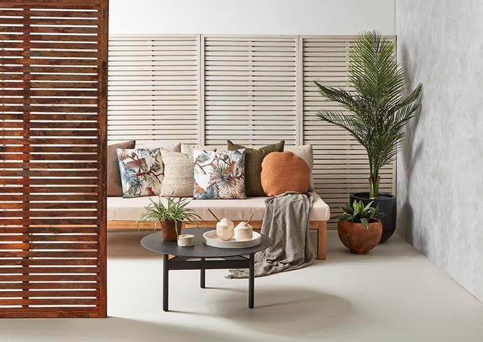 Wooden slatted screens can create an outdoor room out of an awkward space, adding privacy, style and protection from the elements. Patio back wall painted in [Resene Triple White Pointer](https://shop.resene.co.nz/testpots/l/resene-colour-id:3013?colour=Triple%20White%20Pointer|target=