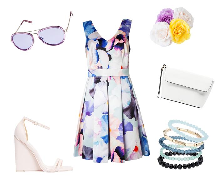 Sunglasses, $69.95 from Mink Pink. Hairpieces, $4 each from Kmart. Dress, $139.99 from Portmans. Clutch, $89.90 from Witchery. Bracelets, $28 (set) from Topshop. Shoes, $98.68 from Asos.