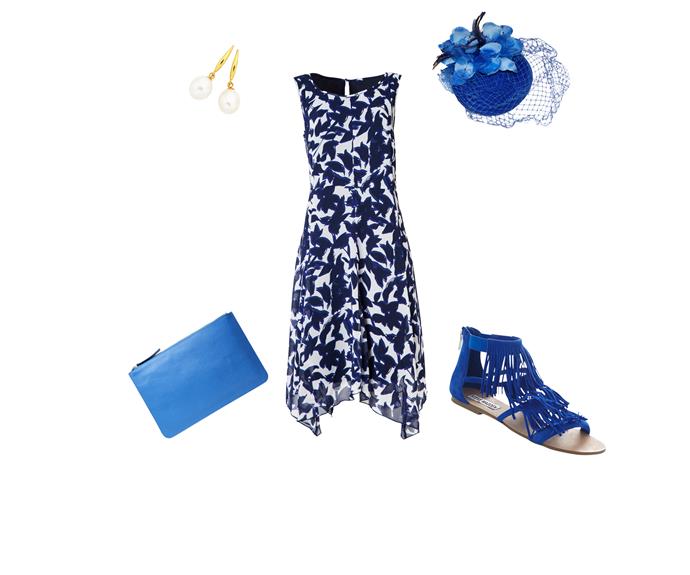 Earrings, $139 from Pascoes. Fascinator, $65 from Annah Stretton. Dress, $159.99 from Jacqui E. Clutch, $89.90 from Overland. Sandals, $139.95 from Hannahs.