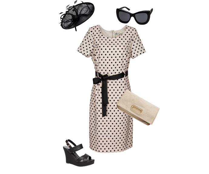 Fascinator, $69.99 from Forever New. Sunglasses, $139 from Le Specs. Cuff, $54.90 from Witchery. Dress, $89.99 from  Farmers. Clutch $89.90 from Country Road. Shoes, $59.99 from Number One Shoes.