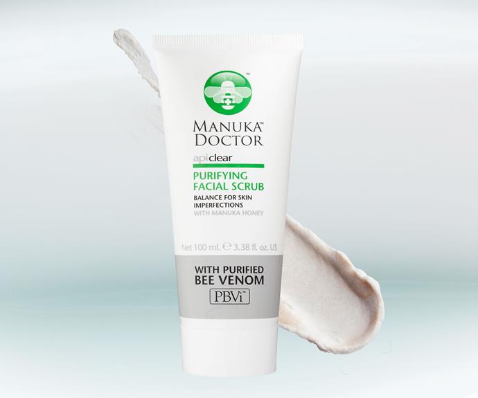 **Manuka Doctor ApiClear Purifying Facial Scrub, $35.95.**
This gel-based exfoliator leaves skin supple and smooth. It contains the brand’s go-to ingredient, purified bee venom, which is a natural anti-inflammatory that also encourages cell turnover. Not recommended for sensitive skin.