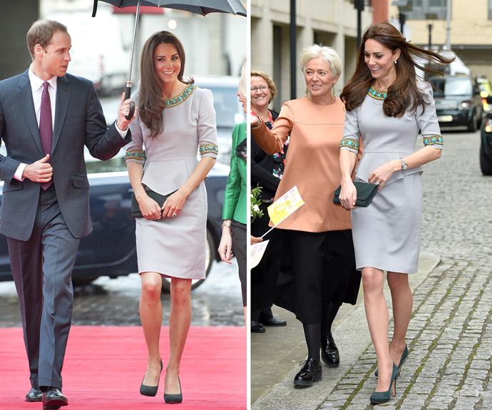 Left: The Duchess at a premiere in 2012. Right: In the same dress at the Head Teacher School Conference in 2015.