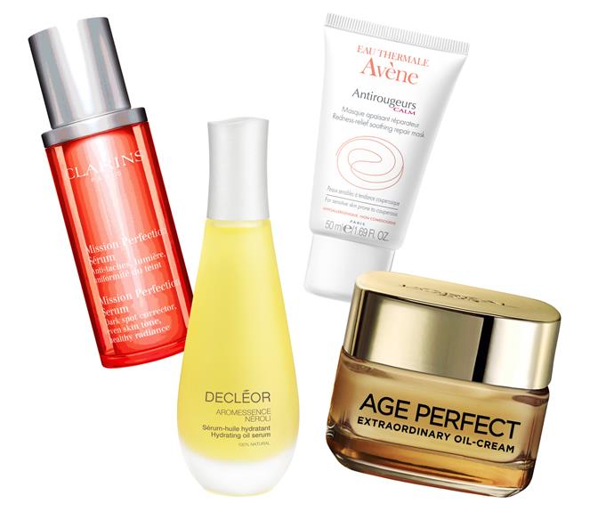 4 French cult skincare brands to try: Clarins Mission Perfection Serum, $115, Decléor Aromessence Neroli Oil Serum, $115, Avène Antirougeurs Redness Relief Soothing Mask, $39.90, L’Oréal Paris Age Perfect Extraordinary Oil-Cream, $39.99