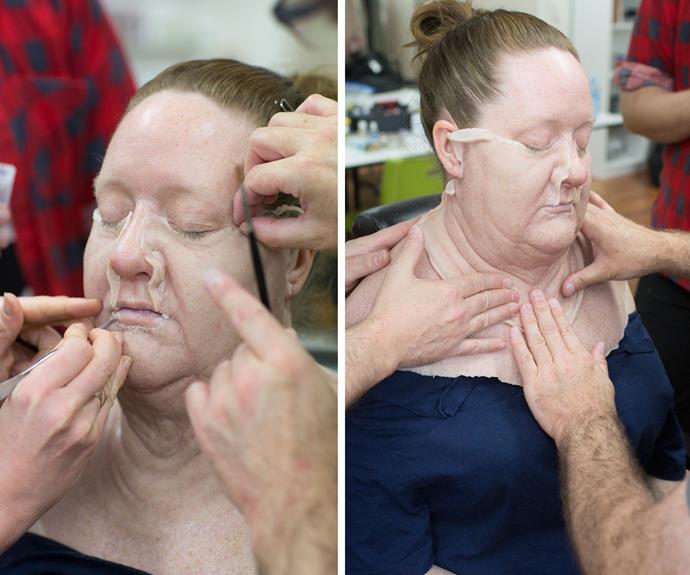 Mandy McElhinney undergoing the hugely time-consuming transformation with the help of prosthetics
