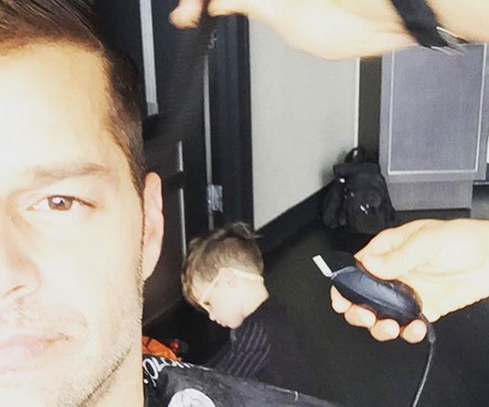 "Good Morning cut in great company. Long promo day ahead!," Ricky Martin wrote alongside this snap with his son in the background.
