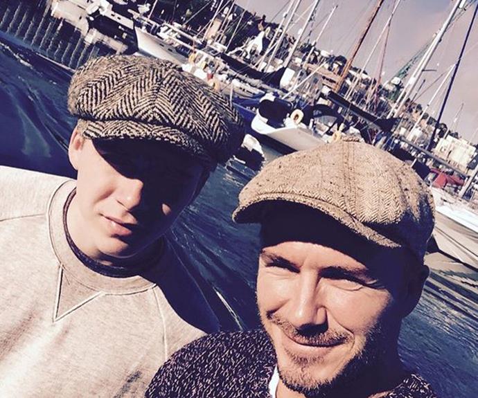 David Beckham sports matching hats with his son Brooklyn as he shares the cute snap writing, "bonding time with your kids is always so special.... Dad and Brooklyn fishing outing."
