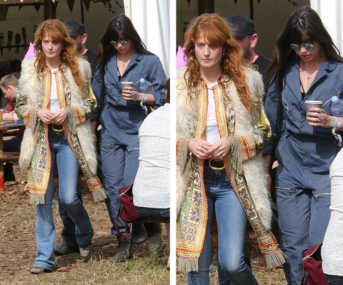 *Florence and the Machine’s* Florence Welch donned hippie chic as she linked arms with pal Daisy Lowe.