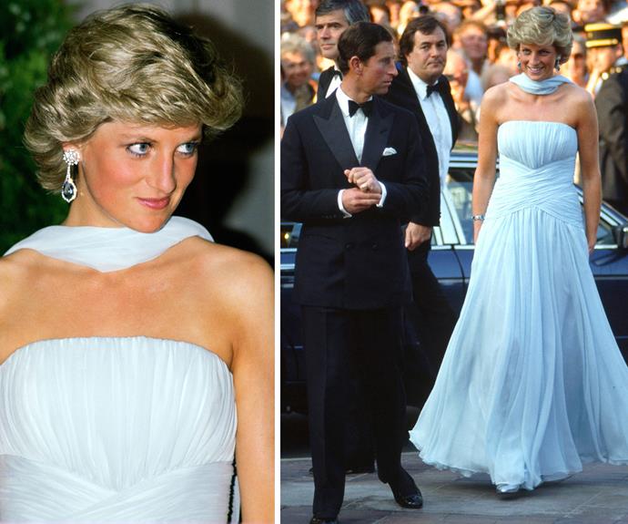 The belle of the ball. Di captured our breath in this cloud-soft blue gown in 1987 as she attended Cannes Film Festival with Charles.