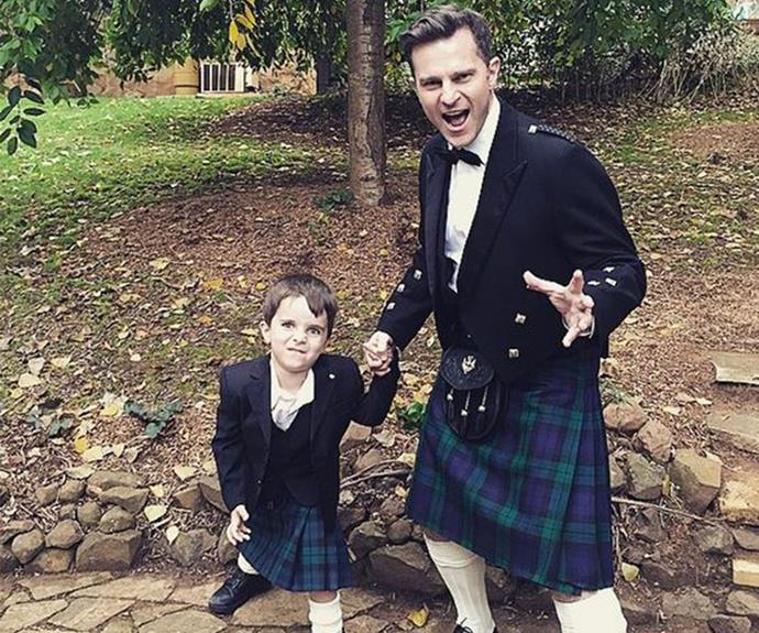 "Happy National Tartan Day. Here is Leo and I at my beautiful sister, Elly-May's wedding day. Och aye! #Scotland #family #leo #kilt #tartan," *Mornings* host David Campbell shared.