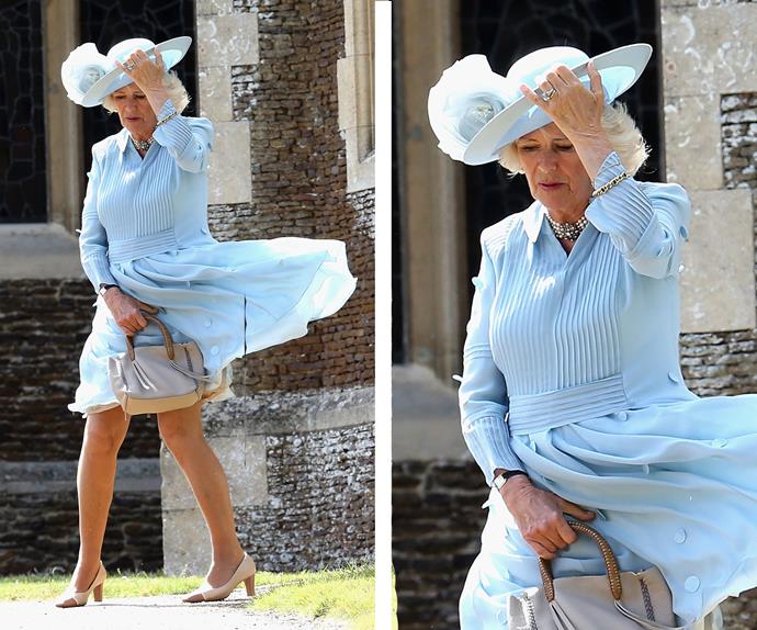 The Duchess of Cornwall looked a vision in a baby blue dress and matching hat... despite the wind.