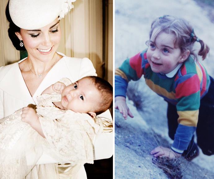 Princess Charlotte looked so angelic  in her mum Duchess Catherine's arms. The official snaps from her christening showed us how much young Charlotte takes after her mum when she was a child (R). The duo share the same dark features, big eyes and adorable button nose.