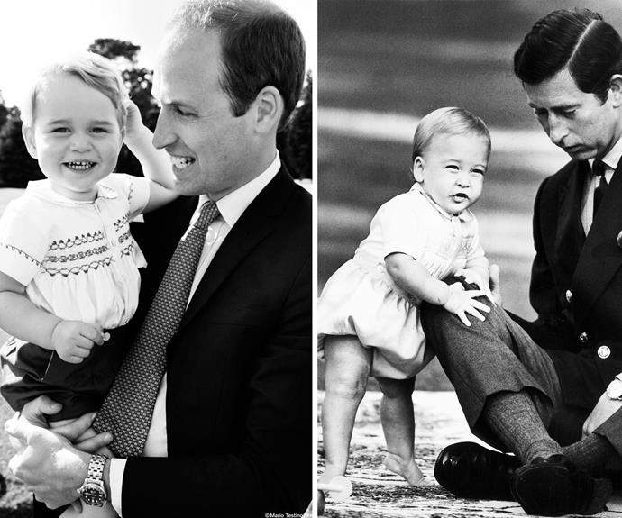In homage of his late mother, Prince William was honoured to have Princess Diana's favourite photographer, Mario Testino capture the intimate moments from Princess Charlotte's christening include thing sweet snap of William and his cheeky tot, Prince George. He is definitely channelling his dad with Prince Charles.