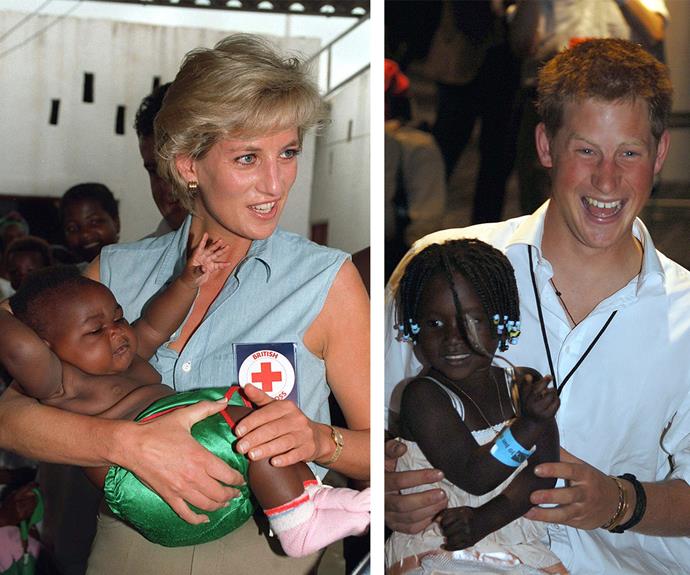 In 2013, Prince Harry retraced Diana's footsteps by visiting Angola in Southern Africa. Back in 1997, Lady Di famously visited the country and made international headlines by visiting the victims of land mines and walking courageously over a minefield.