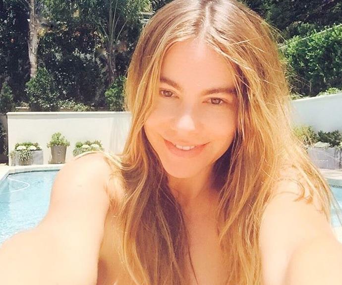 A stunning make-up free Sofia Vergara catches a little sun before she jets off to Mexico! #ToughLife.