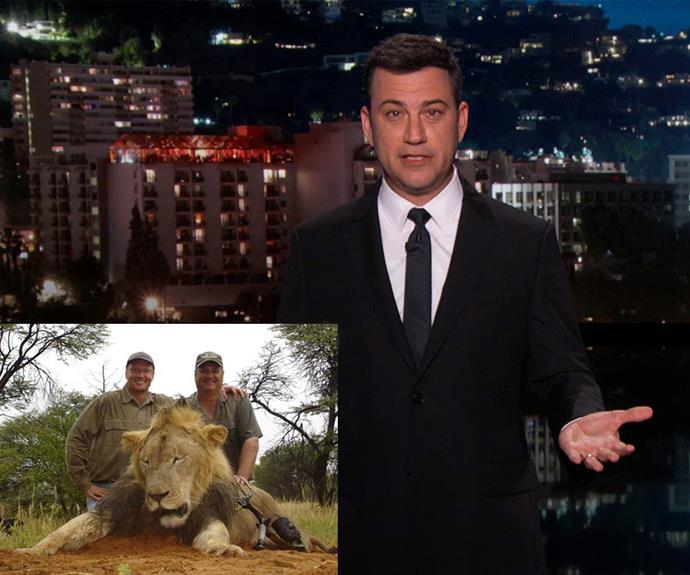Talk show host Jimmy Kimmel was visibly upset over the heinous act that was allegedly committed by American dentist, Walter Palmer (inset, with a dead lion from a past hunting trip). The usually upbeat funnyman dedicated his monologue to Cecil, the lion. **Watch Jimmy Kimmel’s impassioned speech in the video player above.**