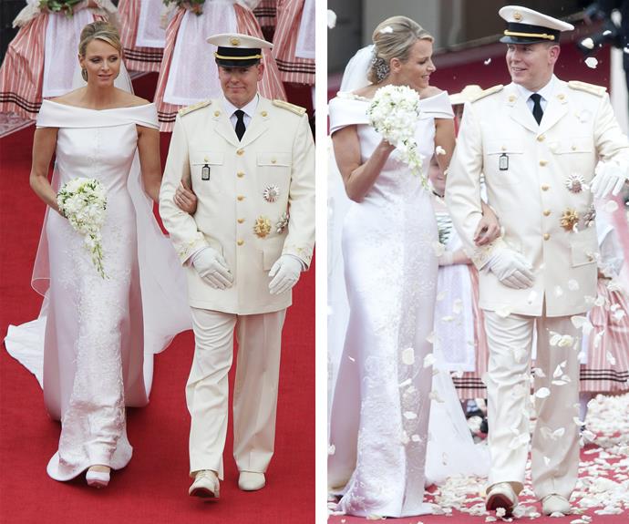 Prince Albert of Monaco kept his Hollywood heritage alive when he married South African swimmer Charlene Wittstock in 2011. She was the embodiment of opulence, opting to wear an Armani creation for her nuptials. The dress took 2,500 hours to create and was covered in 40,000 Swarovski crystals, 20,000 mother of pearl teardrops and 40,000 gold beads.