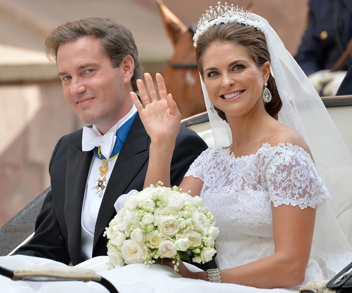 A family that have all married for love! Carl and Victoria's elder sister, Sweden's Princess Madeleine married British businessman Christopher O'Neill at the Chapel Royal at the Royal Palace in Stockholm in June 2013. The bride looked stunning as she chose a traditional silk organza gown by Valentino.