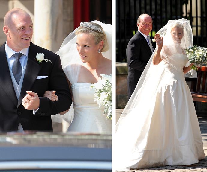 [Zara Phillips](https://www.nowtolove.com.au/tags/zara-phillips|target="_blank") channelled an English rose when she married former England rugby player Mike Tindall in July 2011. The royal wore an ivory silk faille dress by Stewart Parvin.