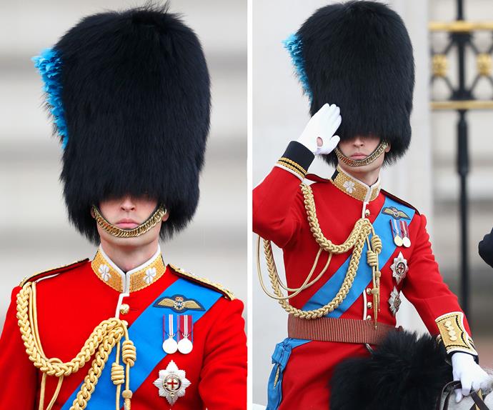 Can you see under that, Wills? The Duke of Cambridge makes it known that one day he'll be King in this royally impressive number at this year's Trooping the Colour.