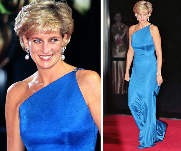 She positively dazzled in this royal blue silk number when she stepped out at the Victor Chang Charity Ball for the Cardiac Research Institute in Sydney back in 1996.