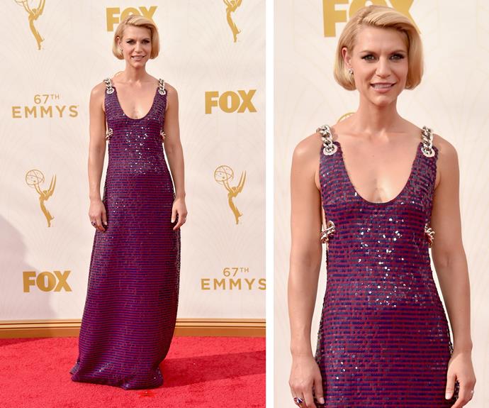 The red carpet is *Homeland* for the award-winning star, Claire Danes. Hitting another great look out of the park, the actress is a sparkly vision in hues of purple.
