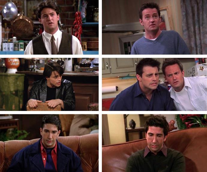 Let's hear it for the lads! Chandler, Joey, Ross, in their first (L) and last episode (R).