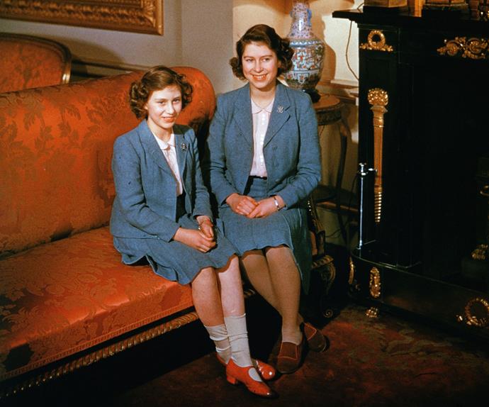 The heir and the spare: Born in August, 1930, The Queen's younger sister Princess Margaret (L), Countess of Snowdon, was well-known for her irreverent approach to life. Here, the young princesses pose in matching outfits at Buckingham Palace in 1942.