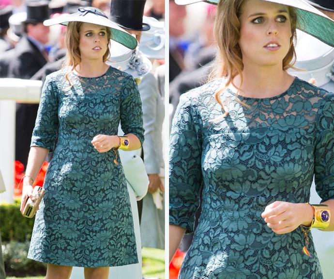 It's all in the family! In 2014, Princess Beatrice also wore this teal-coloured lace dress while joining the relatives at Royal Ascot.