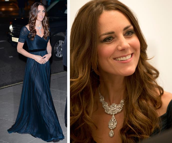 These days it's Duchess Catherine who gets to enjoy the Queen's impressive collection, including this exquisite necklace. She wore it during a visit to the National Portrait Gallery, in February 2014.