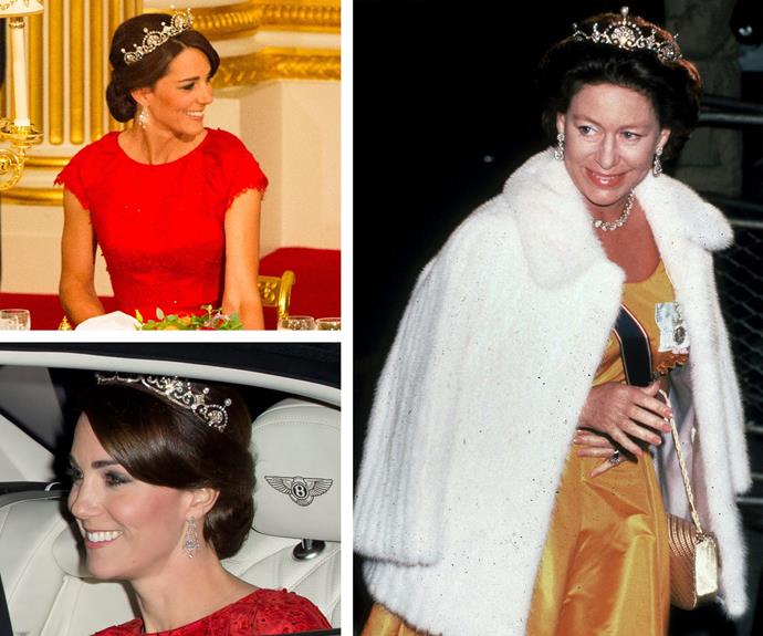 The royal family's gorgeous Papyrus/Lotus Flower tiara was a personal favourite of Princess Margaret and owned by the Queen's mother. Catherine, 33, became the Duchess of Sparkle when she made a [glittering debut at her first state banquet last month](http://www.womansday.com.au/royals/royal-style/duchess-catherines-state-banquet-with-china-president-13932).