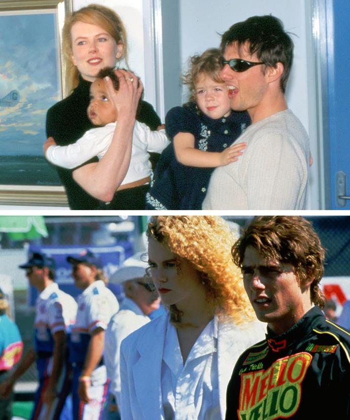 Tom Cruise and his then-wife, Nicole Kidman, spend time with their children Connor and Isabella in 1996. Pictured below, the couple met on the set of *Days of Thunder*.