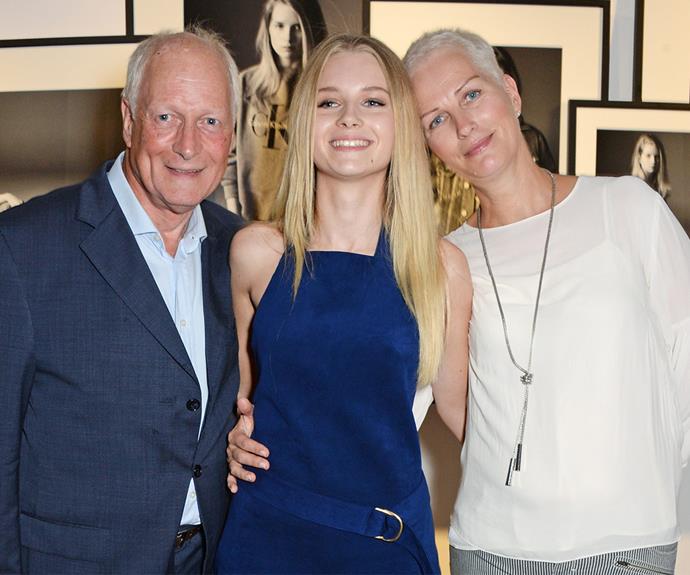 Her proud parents Peter and Inger attend the Calvin Klein Jeans x Mytheresa.com party in London to support their daughter, who starred in the campaign.