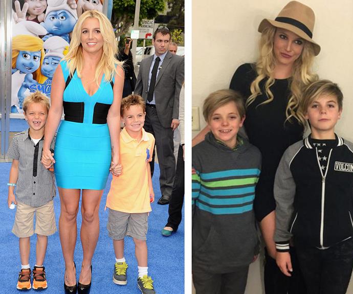 They grow up so quickly! (L-R) Britney Spears and her sons strike a pose at a 2013 premiere in LA, two years later and her kids, [who she shares with ex Kevin Federline,](http://www.womansday.com.au/entertainment/viral/the-best-of-britney-spears-14247) have well and truly had a growth spurt.